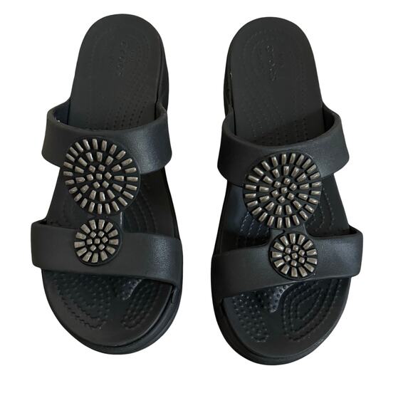 Crocs Monterey Diamante Wedge Sandal Size 8 Black Shimmer Radial Cutout - Picture 2 of 8